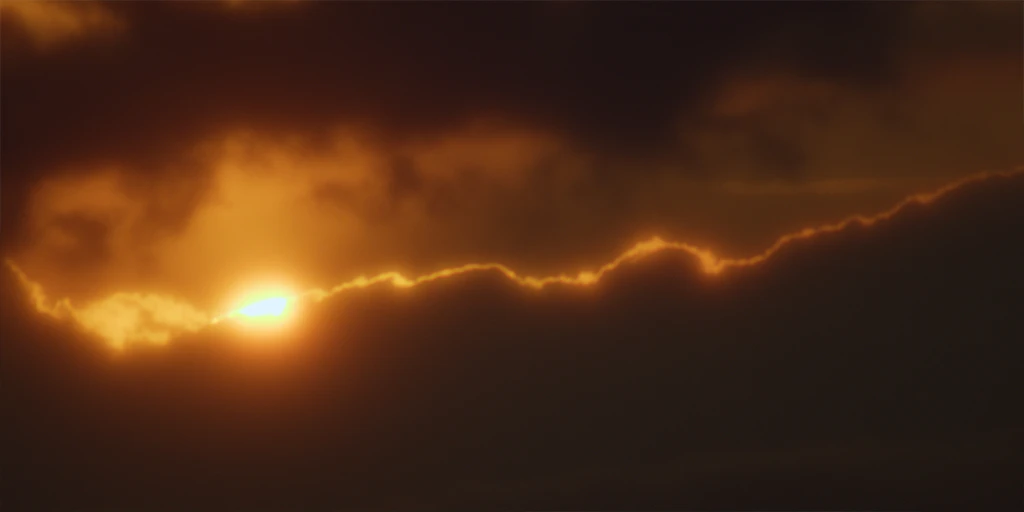 Die orangene Abendsonne blinzelt hinter einer schwarzen Wolke hervor. Sie ist auf dem Weg, hinter dieser zu verschwinden im Spielfilm »Im Meer der Stille«